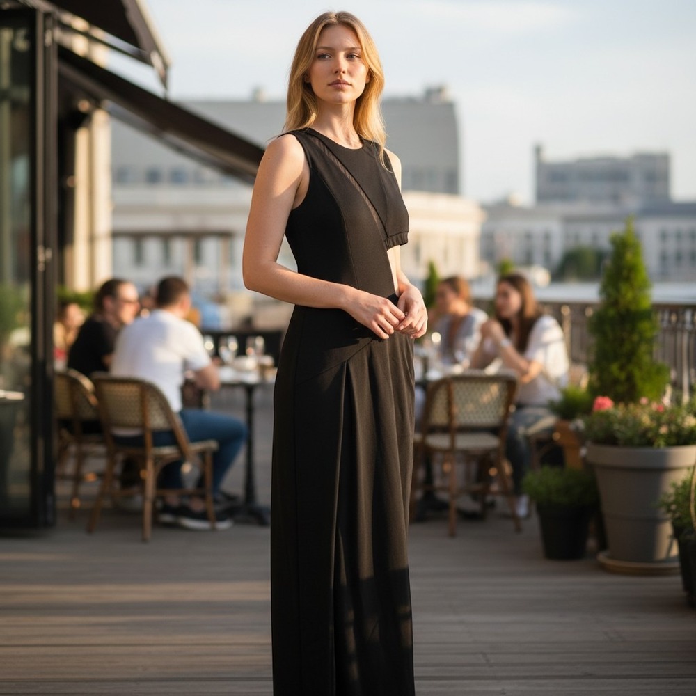 NEW Camila Coelho M Black Asymmetrical Cut-Out Mesh Maxi Dress Sexy Luxury